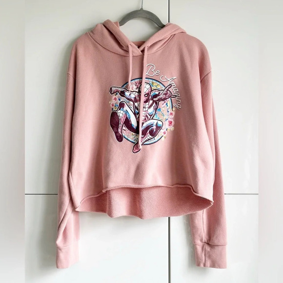Spider Man Girls/Juniors Sweatshirt Hoodie Cropped Pink Floral Universal Studios - Picture 1 of 9